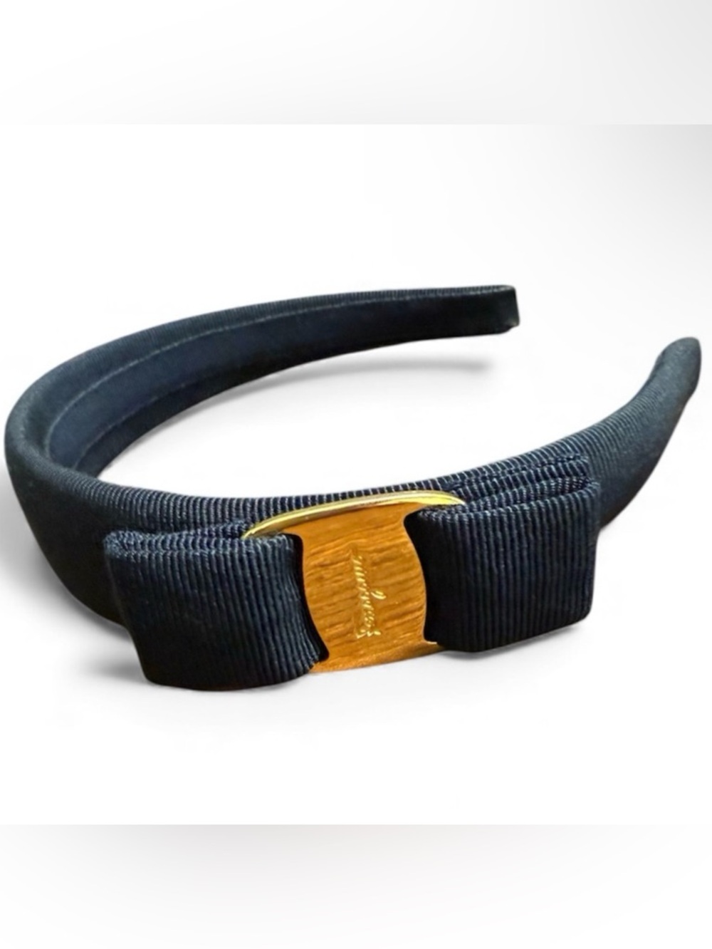 Like New Salvatore Ferragamo Navy Headband with Gold Detail